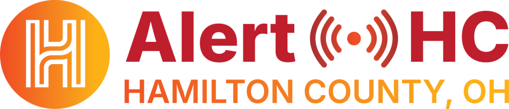 Logo with a circular design on the left containing abstract lines forming an 'H' in orange. To the right, red text reads "Alert HC" with a stylized signal icon. Below, orange text shows "HAMILTON COUNTY, OH.