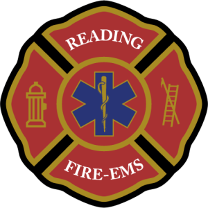 Red and gold fire department emblem with a blue star of life in the center, labeled "Reading Fire-EMS." Features a hydrant and a ladder on either side.