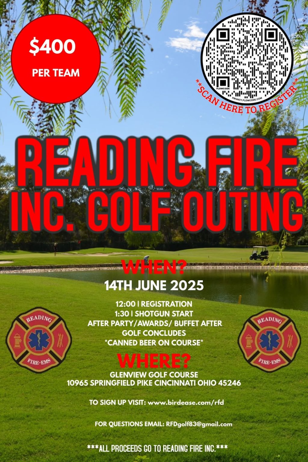 Flyer for the Reading Fire Inc. Golf Outing on June 14, 2025, at Glenview Golf Course in Cincinnati, Ohio. $400 per team. Includes registration, awards, afterparty, buffet, and scanned QR code to register.