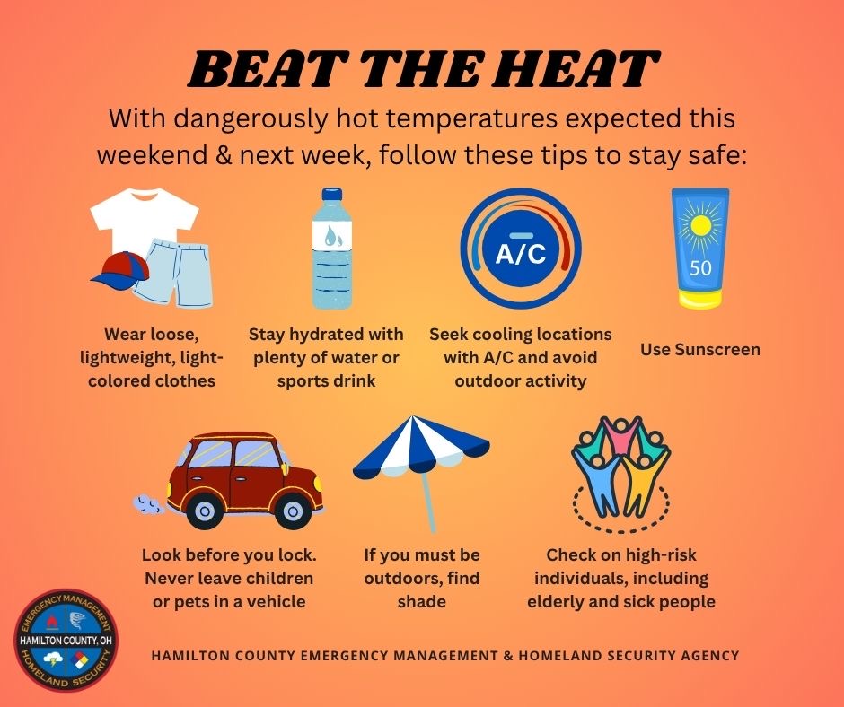 Infographic with tips to stay safe in extreme heat: wear light clothes, stay hydrated, seek A/C, use sunscreen, never leave kids/pets in vehicles, find shade outside, and check on high-risk people.