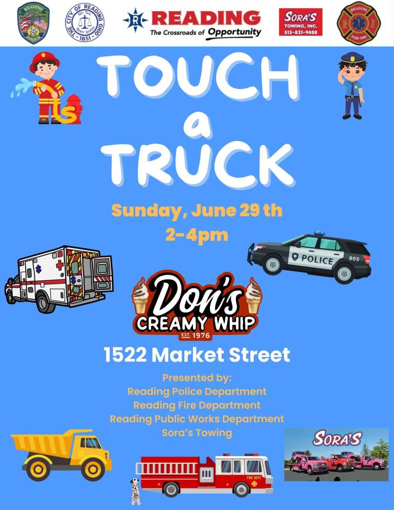 Event flyer with cartoon vehicles and characters. Text reads: "TOUCH a TRUCK, Sunday, June 29th, 2-4pm, Don’s Creamy Whip, 1522 Market Street." Presented by local police, fire, public works, and Sora’s Towing.