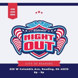 A colorful flyer for National Night Out with red, white, and blue shield and wings. Event details: August 5, 2025, 6–9 pm, 520 W Columbia Ave, Reading, OH 45215, City of Reading.
