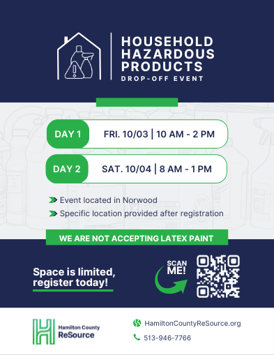 Flyer for a Household Hazardous Products Drop-Off Event with dates, times, location in Norwood, registration info, and a note that latex paint is not accepted. Includes a QR code and Hamilton County ReSource contact details.