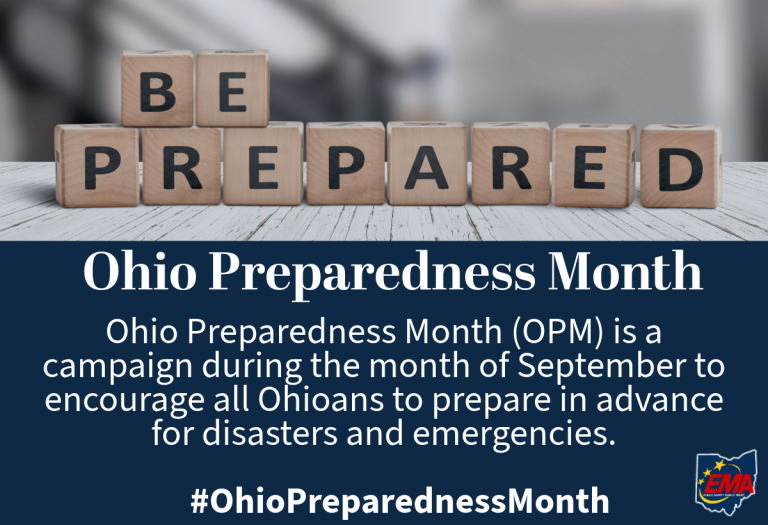 Wooden blocks spell “Be Prepared” above text about Ohio Preparedness Month, urging Ohioans to get ready for disasters and emergencies in September. Hashtag #OhioPreparednessMonth and EMA logo are also included.