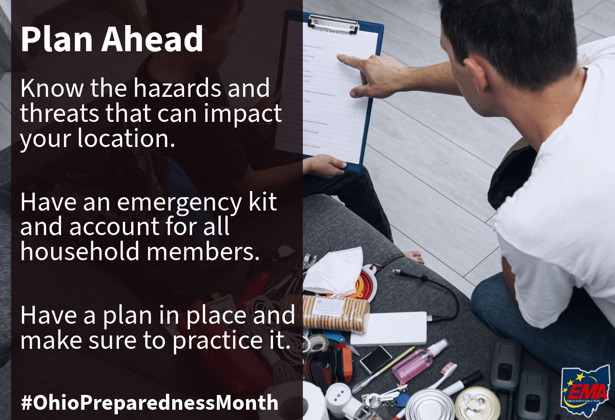 A man sits on the floor with a clipboard, surrounded by emergency supplies such as a flashlight, batteries, and first aid kit. Text provides preparedness tips for Ohio Preparedness Month. #OhioPreparednessMonth.